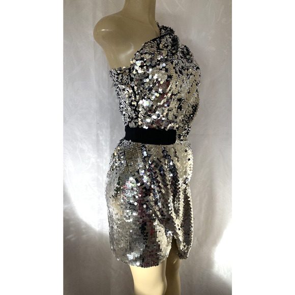 NWT Carven Sequin Dress One Shoulder Silver Metallic Asymmetric Sheath 3… - Picture 6 of 14